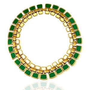 Color Blocked Enamel Bib Style Industrial Gold Tone Necklace Green yellow